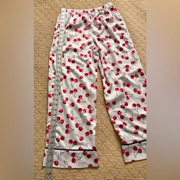 kate spade Cherry Print Satin Feel Pajama Set in Red and White with Black Trim - Picture 11 of 16